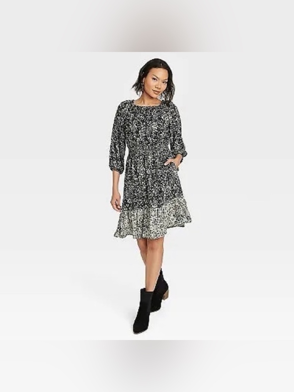 NWT- Knox Rose midi ladies 3x dress. 3/4 balloon sleeves. Black & Cream flowers.